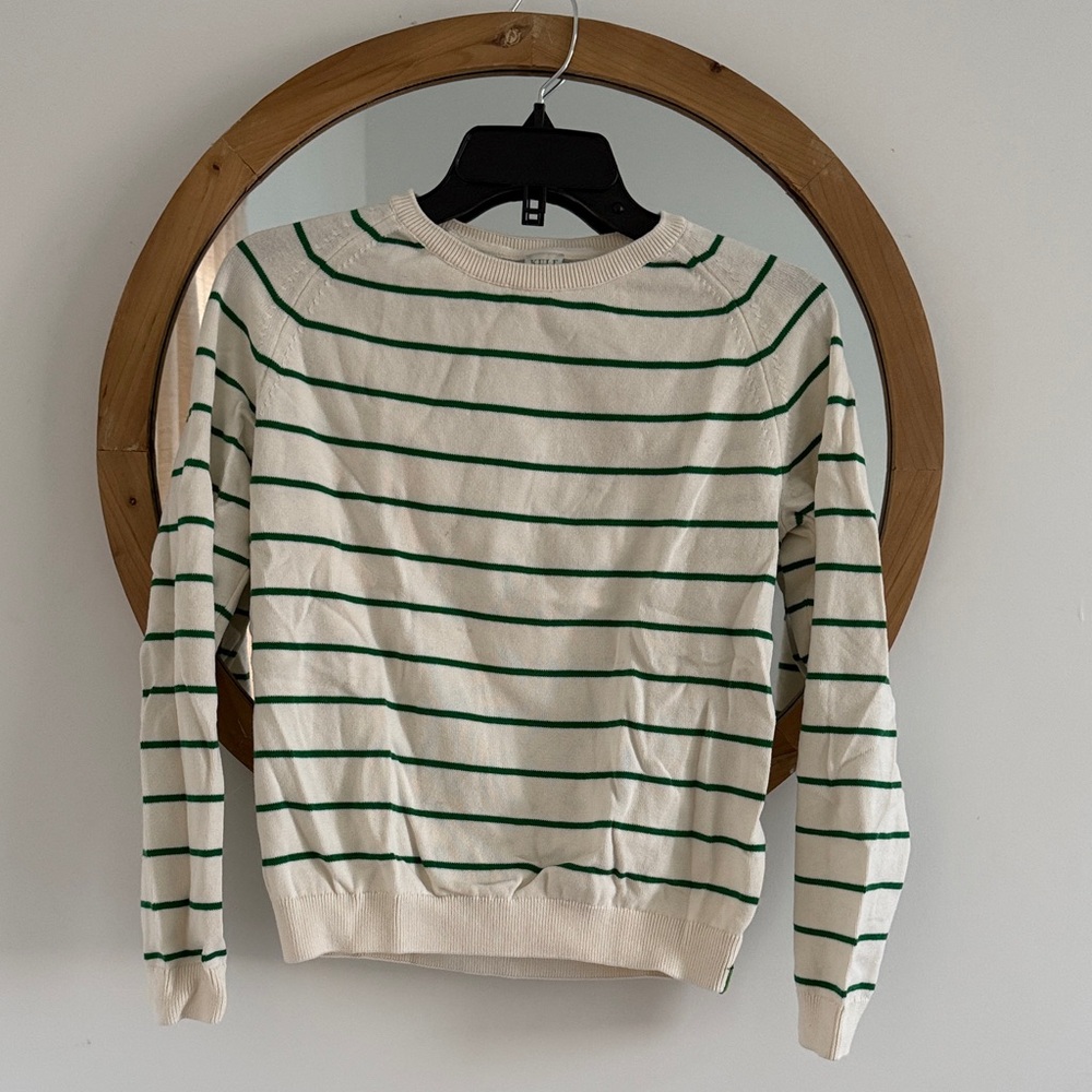 KULE Cream and Green Striped Crewneck Sweater